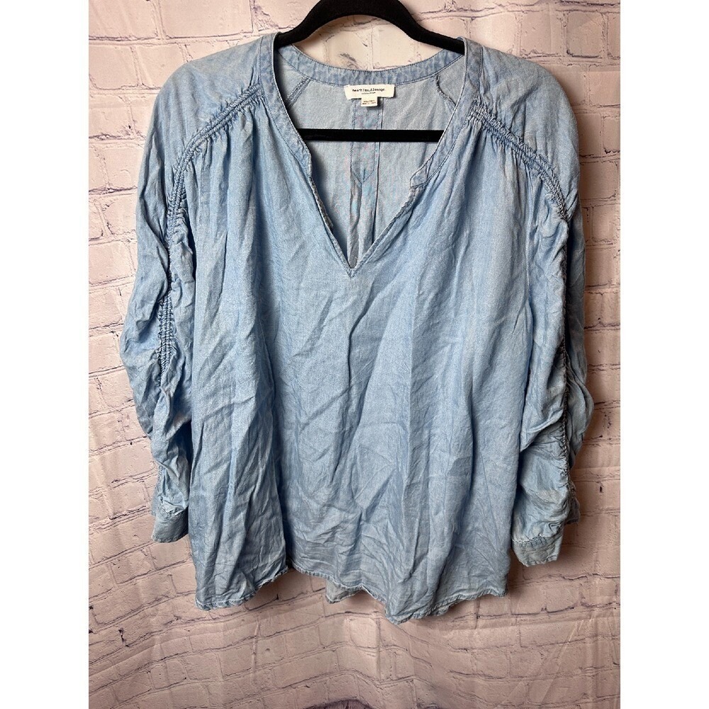 BeachLunchLounge Chambray Blouse V-Neck Long Sleeve Top XL